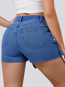 Asymmetrical Hem Button Decorated Denim Mini Skort - Dark Wash - View 2