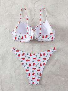 Swim Mod Conjunto de bikini acolchado con copas con aros, estampado de cerezas y drapeado, conjunto de bikini travieso, traje de baño para playa y vacaciones de verano - Multicolor - Ver 8