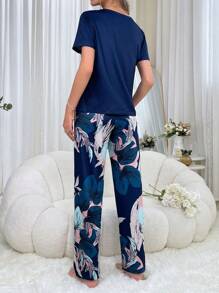 Ladies' Blue Leaf Patterned Leisure Pajamas Set - Navy Blue - View 3
