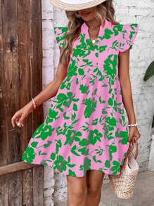 SHEIN LUNE Women's Vacation Style Floral Print Cap Sleeve V-Neck Dress - Baby Pink - View 1