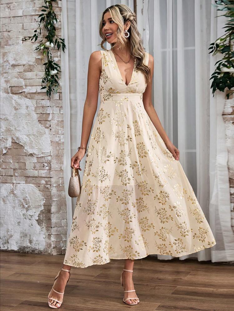 Women's Full Frame Flora Printed Deep V-Neck Sleeveless Dress
