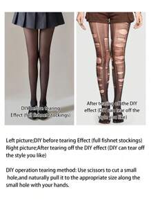 ROMWE Goth 1pc Diy Ripped Tights, Event Style - Black - View 4