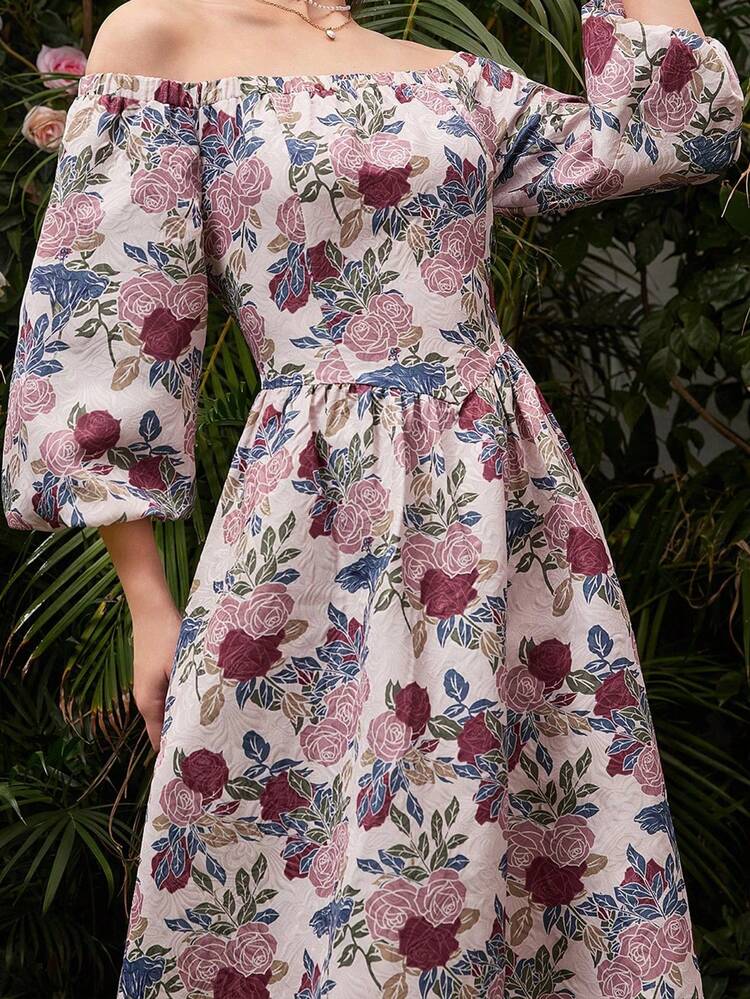 Women's Floral Printed Off-Shoulder Lantern Sleeve Dress