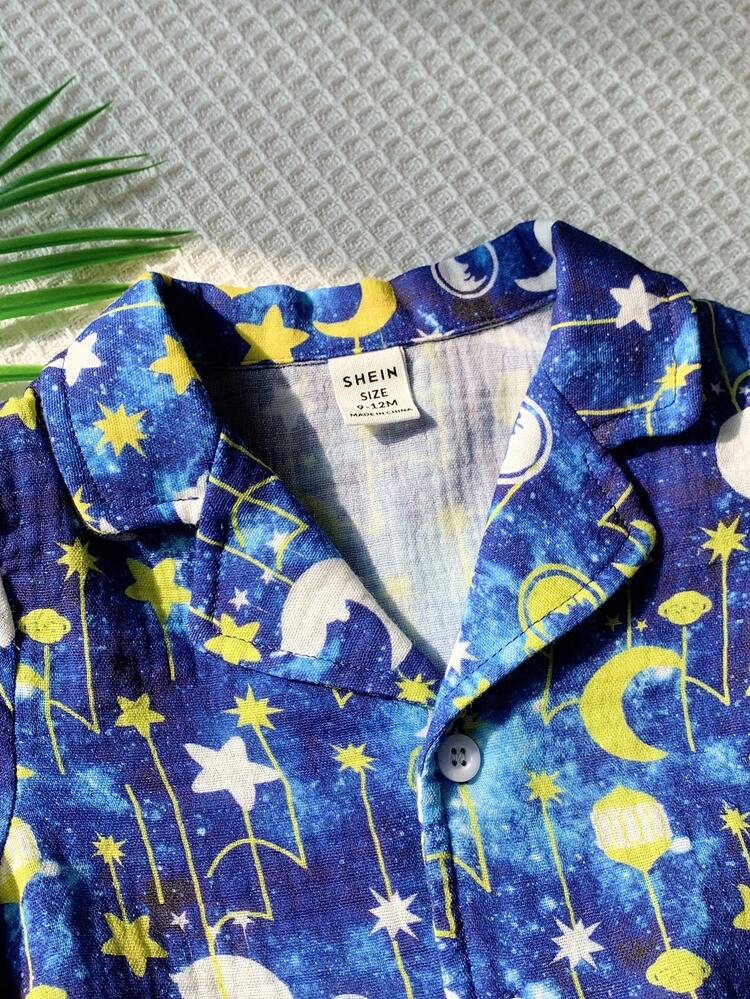 Baby Boy Star And Moon Lantern Pattern Short-Sleeved Cardigan Top And Shorts Pajama Set