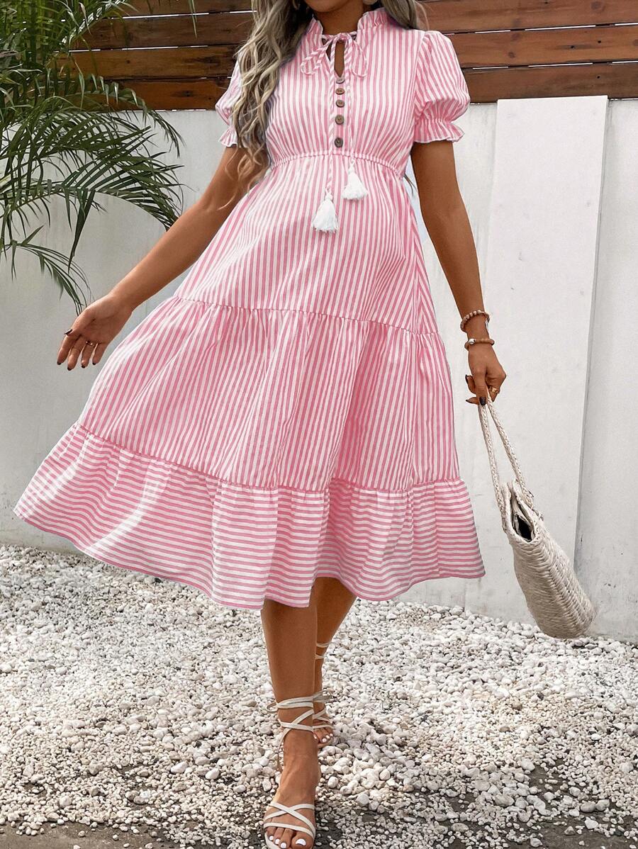 SHEIN Maternity Striped Button Detail Knot Neck Ruffle Hem Dress - Pink - View 1