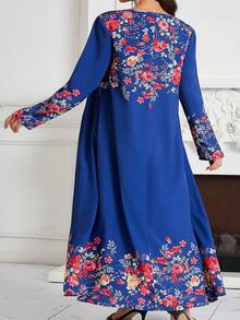 Plus Size Women Round Neck Long Sleeve Loose Casual Printed Dress - Blue - View 2