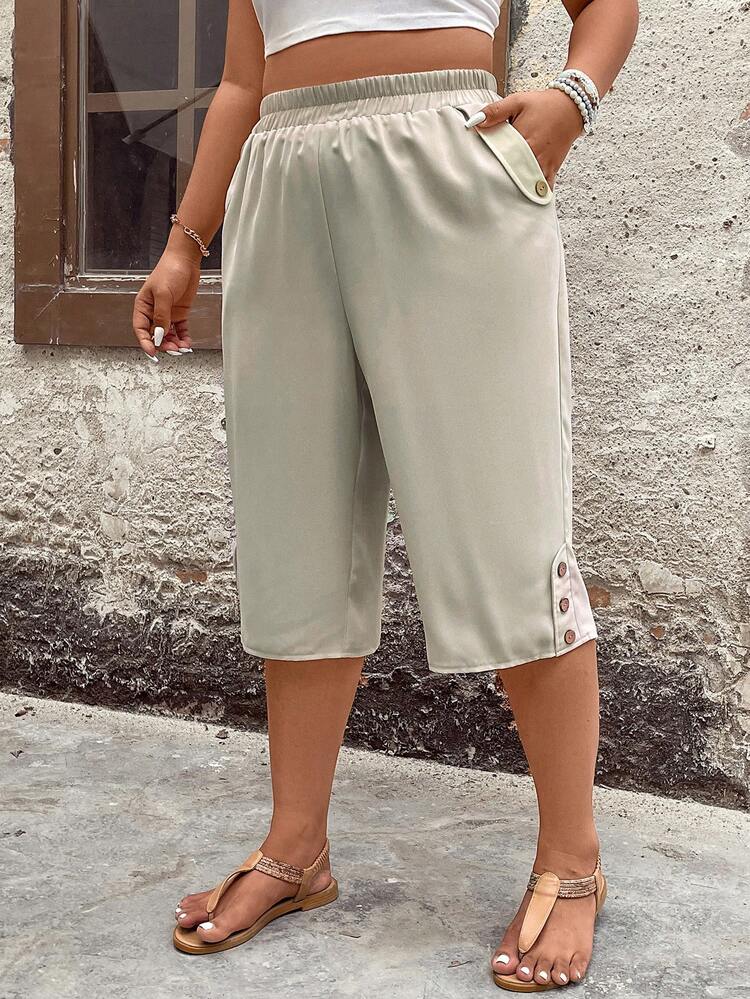 Breezaya 大尺碼女士褲裝,配有按鈕裝飾的褶邊和口袋的七分褲 - 杏色 - 查看 5