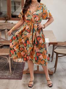 SHEIN Holidaya Vestido envolvente de talla grande con estampado de hojas, conjunto de vestir de mujer largo - Multicolor - Ver 5