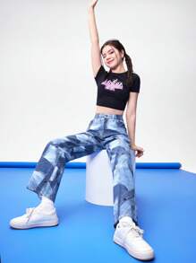 Teen Girl Patchwork Pattern Straight Leg Jeans - Multicolor - View 5