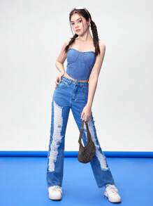 (Chica adolescente) Top sin tirantes de mezclilla con nuevos diseños casuales y de moda - Azul lavado medio - Ver 5