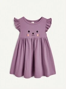 Cozy Pixies 2pcs Baby Girl Cartoon Bunny Patterned Short Sleeve Dress With Ruffles And Waistband, Including Diaper Cover Set