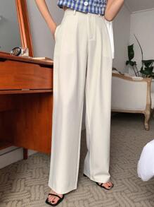 DAZY 女士百褶直筒休闲商务办公裤、女士正装裤、秋季返校服 - 白色 - 查看 3