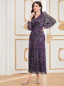Modelyn 印花灯笼袖 V 领连衣裙，带褶饰和腰带，长款女装 - 紫色 - 查看 6