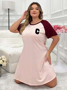 Plus Size Color Block Letter Embroidery Raglan Sleeve Nightgown - Pink - View 5