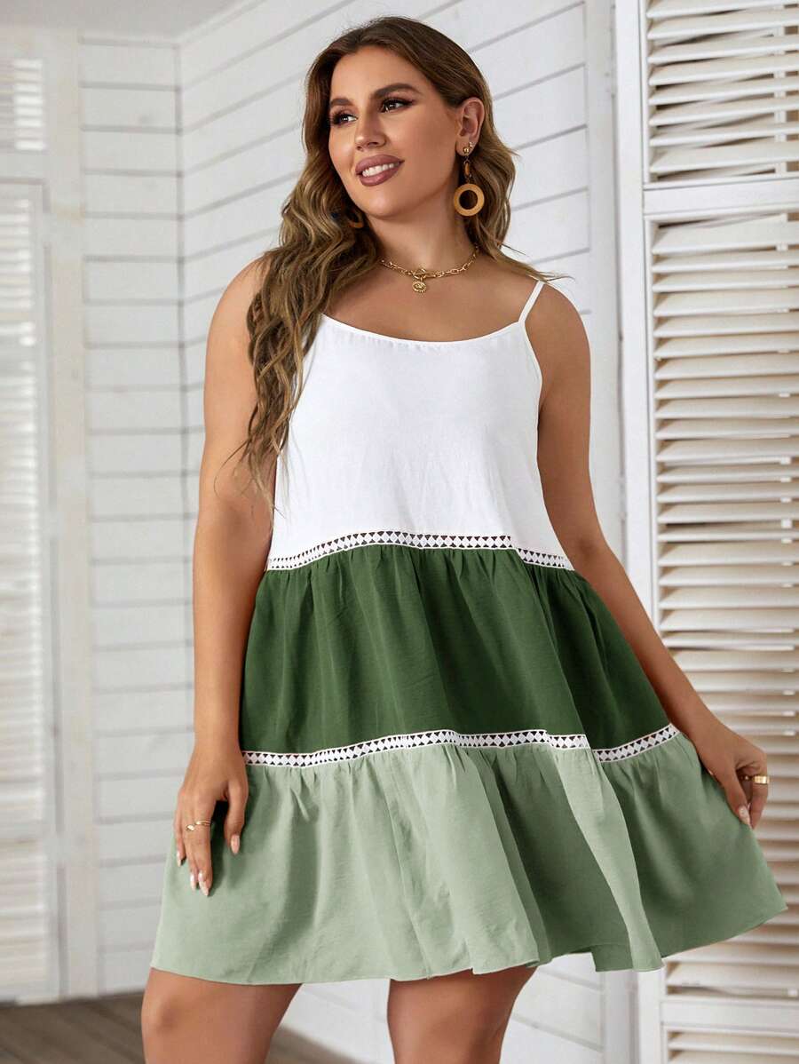 SHEIN VCAY Plus Size Patchwork Ruffle Hem Cami Dress - Multicolor - View 1