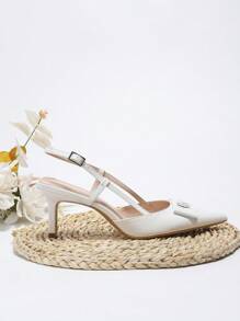 On feet& in love 女款時尚優雅細高跟slingback後跟鞋，金屬扣尖頭低鞋口，通勤百搭高跟單鞋，適合禮服、婚禮搭配 - 白色 - 查看 5