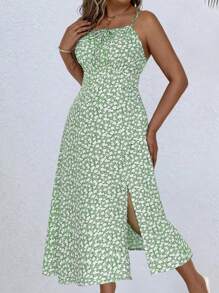 SHEIN LUNE Váy dây mảnh in hoa mùa hè cỡ lớn - màu xanh lá - Xem 5