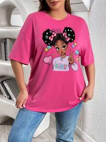 SHEIN LUNE 休闲简约卡通女孩印花圆领宽松大码女式 T 恤，夏季