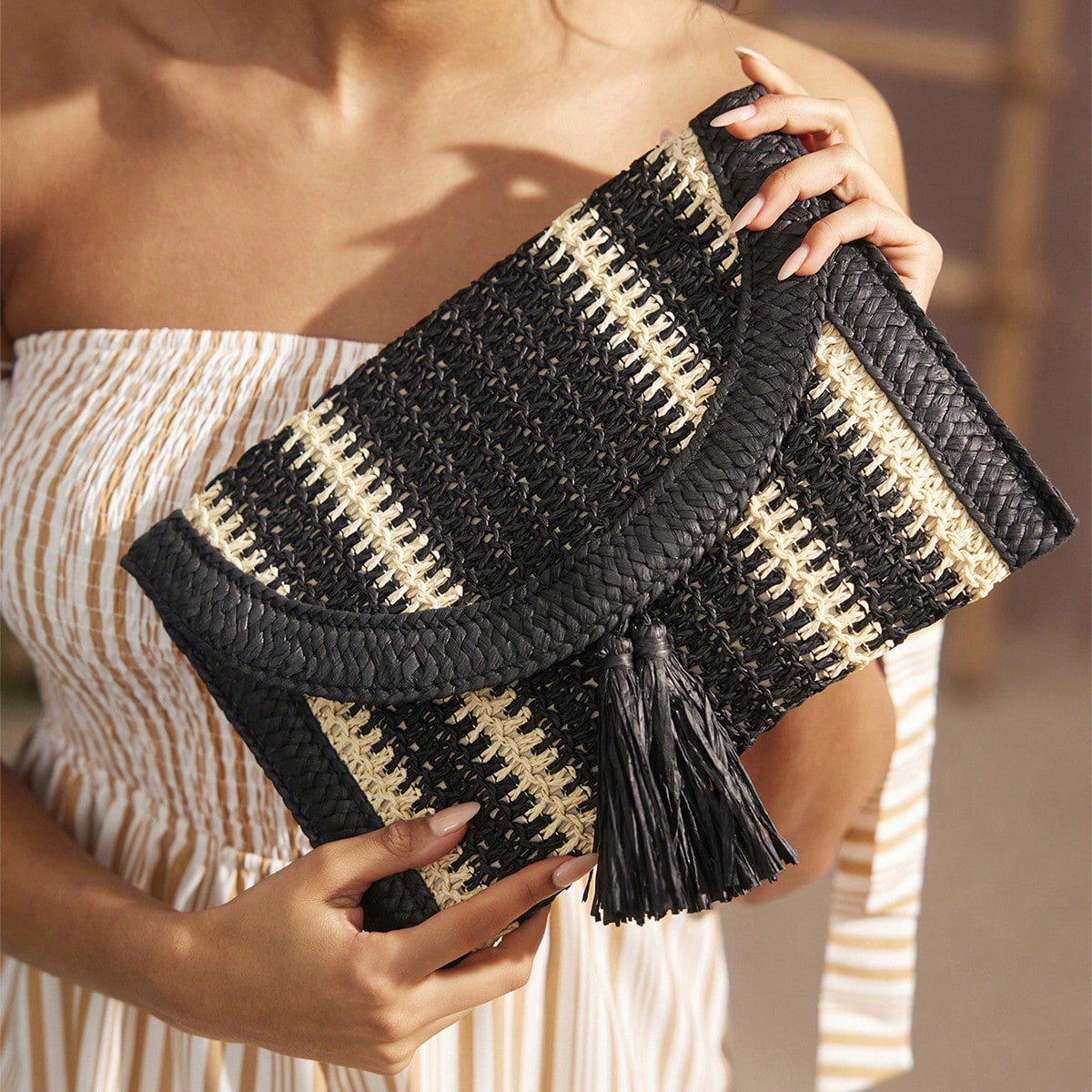 Bolso de mano tejido de bloques de color para mujer para vacaciones