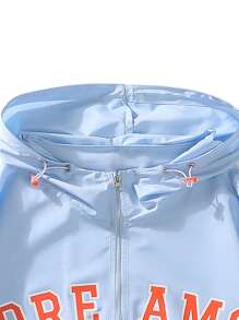Men's Letter Printed Zipper Closure Drawstring Hooded Jacket