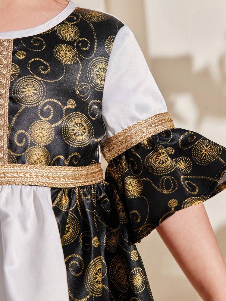 Young Girl Casual Round Neck Dress With Color Blocking, Weave Tape Decoration And Hot Stamping Pattern