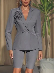 HEAVINZ LANE Designer Business Casual Chiffon Cowl Back And Stereo Flower Blazer, For Holiday, Going Out, Festival, Office - Grey - View 4