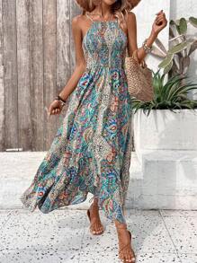 SHEIN VCAY Của phụ nữ In Áo nịt ngực xếp ly dây rút Dải mỏng Đầm - Màu xanh lam - Xem 3