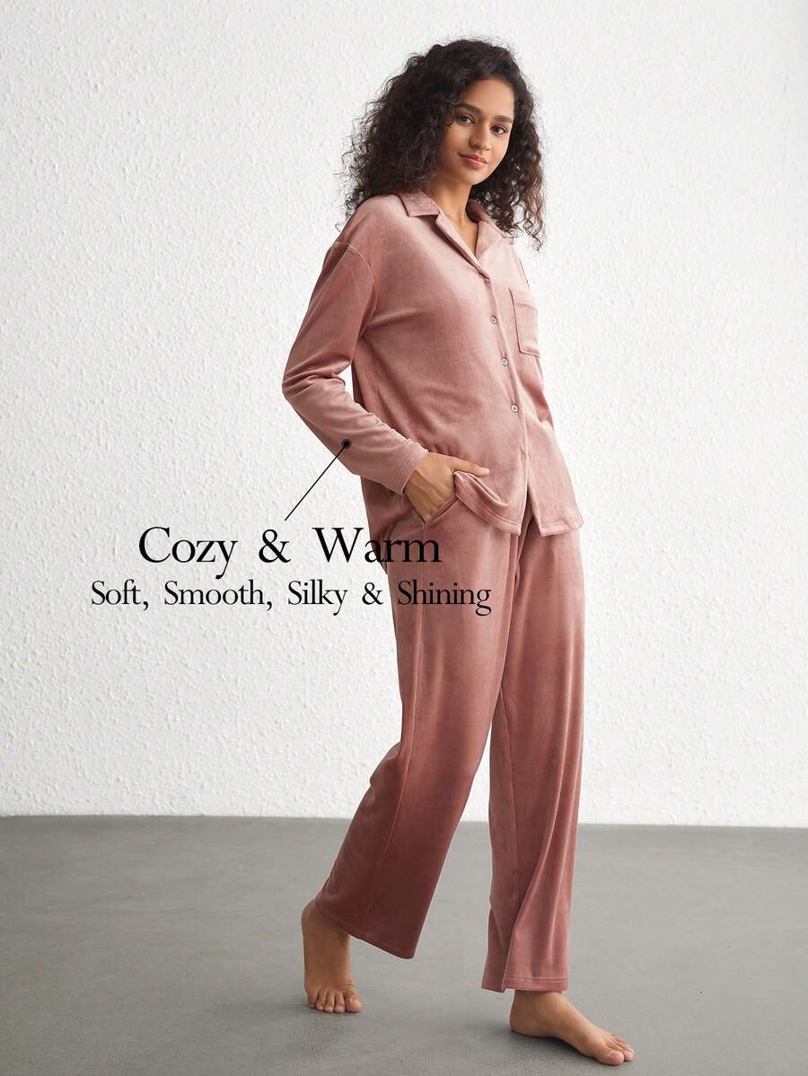 Ocili Leisure Drop Shoulder Pocket Patched Lounge Set - Dusty Pink - View 1