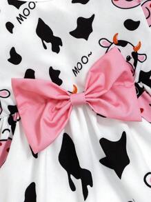 2 Pezzi Set Abito Maniche Corte Carine Con Motivo A Mucca Cartoon E Fasce Per Capelli E Fiocco Abbinato Per Bambine, Abiti Estivi