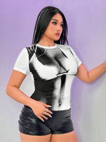 SHEIN ICON 夏季大码女式圆领短袖人体印花 T 恤 - 黑與白 - 查看 5