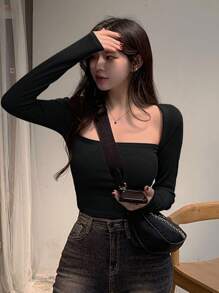 DAZY 女式纯色方领长袖T恤夏季短款女式上衣 - 黑色 - 查看 3