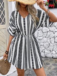SHEIN VCAY Black And White Geometric Print Mini Dress For Women - Black and White - View 6