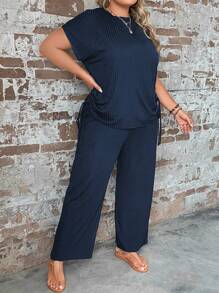 SHEIN LUNE Top De Manga De Murciélago Redonda De Color Sólido De Talla Grande Y Pantalones Rectos - Azul Marino - Ver 5
