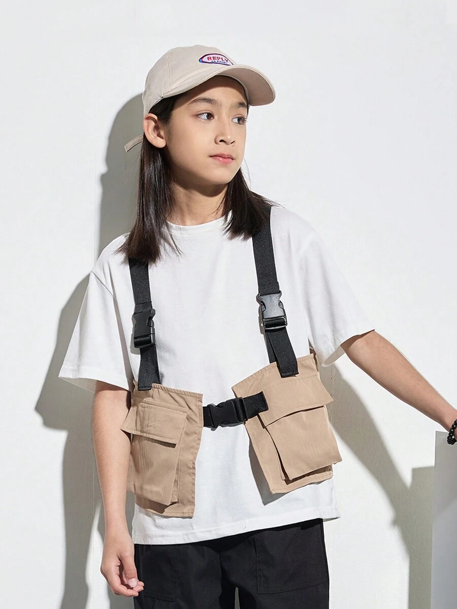 SHEIN Cậu bé Tween Giải trí Phong cách đường phố Không tay Áo khoác Với 3D Túi , Dệt Dây đai Và Màu thuần , - Màu be - Xem 1