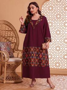 Al Najma Burgundy Red Plus Size Geometric Print Flare Sleeve Arabian Clothing Kaftan Jalabiya Dress - Burgundy - View 4