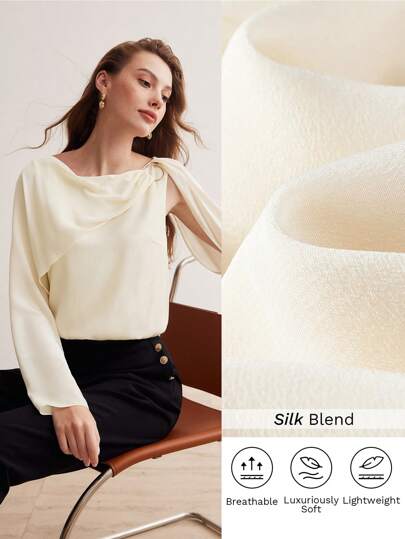 MOTF PREMIUM 真絲實色不對稱肩膀的襯衫