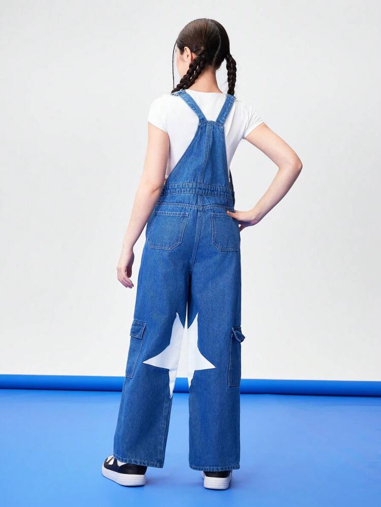 Teen Girl Star Printed Wide Leg Denim Overalls