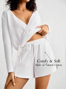 素色腰部抽繩休閒短褲