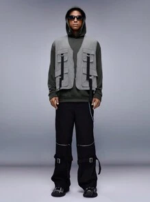 Manfinity VCAY 男士宽松拉链前翻盖口袋背心，适合秋冬 - 灰色 - 查看 6