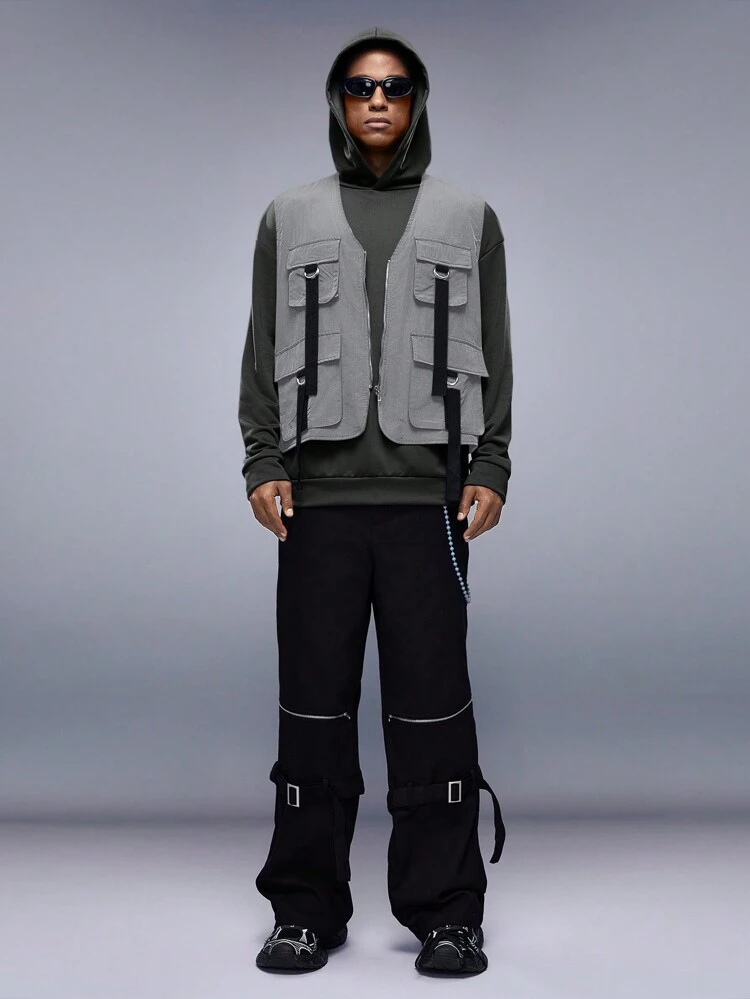 Men's Loose Zipper Front Flap Pocket Vest, For Fall Winter