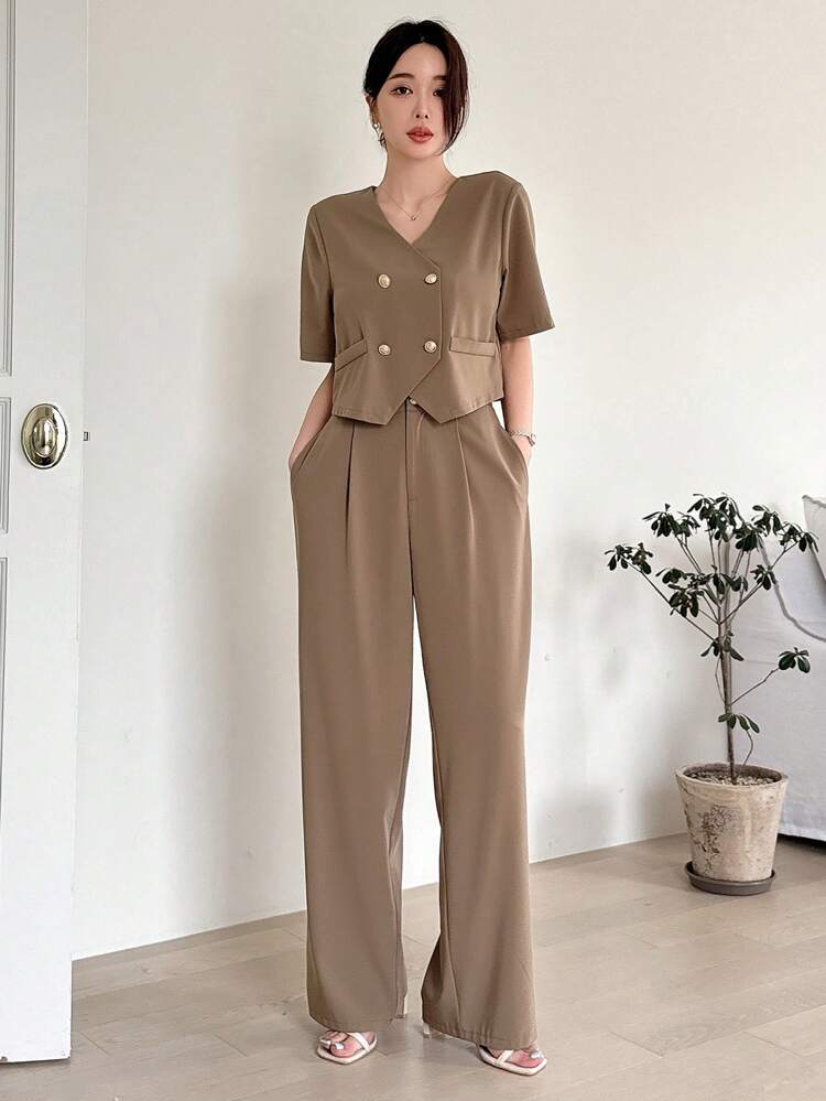 2pcs/Set Women's Casual Business Style Solid Color Blazer & High Waist Pants Suit Summer