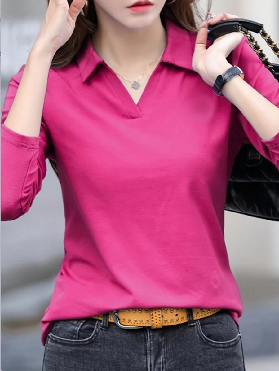 INAWLY 女士纯色长袖休闲 T 恤 - 玫紅色 - 查看 1