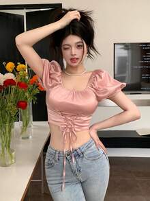 DAZY Của phụ nữ Ngắn tay Áo sơ mi Với Bong bóng Tay áo , Cổ vuông , Dây rút Và Thắt lưng - Hồng - Xem 11