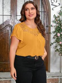 SHEIN Clasi Plus Size Lace Patchwork Round Neck Petal Sleeve Shirt With Ruffle Trim - Yellow - View 6