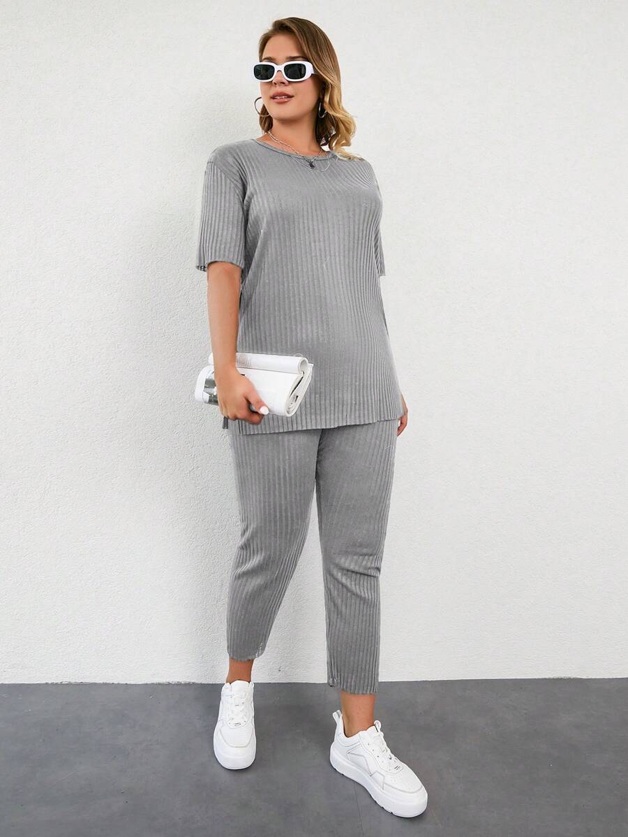 Cloudara Women's Plus Size Solid Color Vertical Striped Short Sleeve Top And Long Pants Two Piece Set - Light Grey - View 1