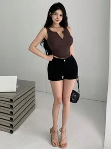 DAZY Asymmetrical Hem, Round Neckline, Half Zip Front Cropped Women's Tank Top With Sleeveless Design And Slimming Effect - Coffee Brown - View 2