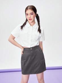 Teen Girls' Casual Comfortable Simple Shirt And Bodycon Work Skirt With Pockets 2pcs/Set - Multicolor - View 5