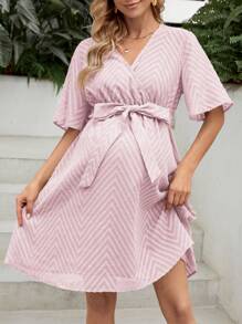 SHEIN Maternity Loose Fit V-Neck Casual Dress - Pink - View 5