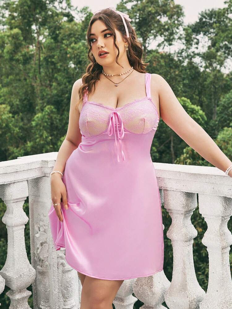 Plus Size Pink Satin V-Neck Lace Trimmed Empire Waist Swing Dress With Spaghetti Straps Spring Dress Spring Dress Spring Dress Pink Dress Lace Bralette Dresses Dresses Vacation