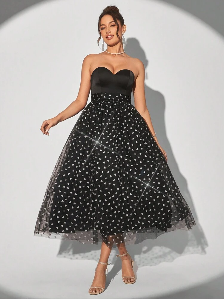 Elegant Strapless Heart Patchwork Sheer Mesh High-Waisted A Pose Music Event Resurrection Holiday Vacation PROM Date Party Cocktail Dress